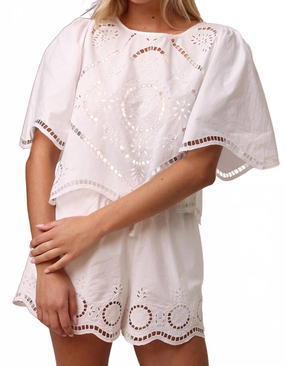NEW SHORE cleo scalloped embroidered hem top in soleil blanc
